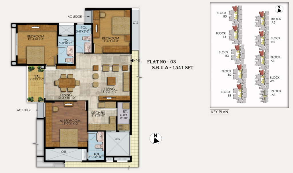 3 BHK 1541 sqft Floor Plan Mahaveer Ranches